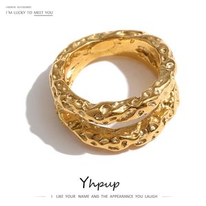 Band Rings Yhpup Stainless Steel Round For Women Gold Texture Metal 18 K Plated Statement Trendy Jewelry Bagues Pour Femme Gift 231219