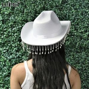 Beanie kafatası kapakları batı kovboy şapkası moda ayarlanabilir çizim püskül cowgirl düz renk geniş brim parti caz topper 231219