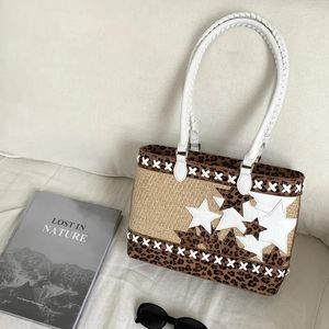 Evening Bags Fashion Large Capacity Woven ToteBag Vintage Instagram Leopard Star Women's Shoulder Versatile Handheld Shopping Bag