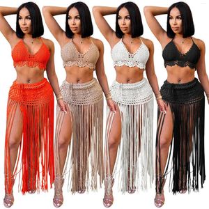 Arbeitskleider Frauen Häkeln Bikini Set Quaste Bademode Bandage 2 Stück gestrickt Strand Sommer Sexy aushöhlen lange Cover Up Rock Anzüge