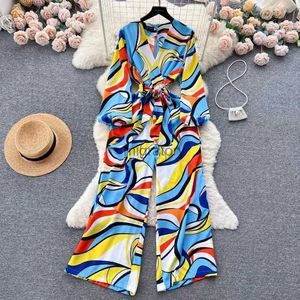 Women's Jumpsuits Rompers Women's Loose Printed Waist Wide Leg Jumpsuit European and American Fashion Internet Celebrity Resort Style Autumn New YQ231220