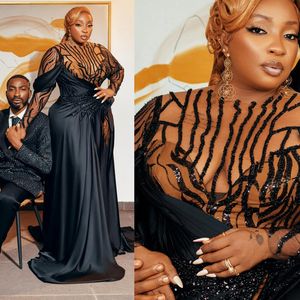 African Plus Size Aso Ebi Ebi Sukienki dla czarnych kobiet koronkowe długie rękawy syrena iluzja wysoka rozłam seksowna sukienka wieczorowa PROMDRESS Birthday Party suknie