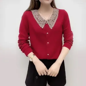 Camicette da donna Camicia da pendolare in pizzo Colletto rovesciato Abbigliamento ampio Tinta unita Tutto-fiammifero Primavera Autunno Manica lunga Moda Camicetta di perle