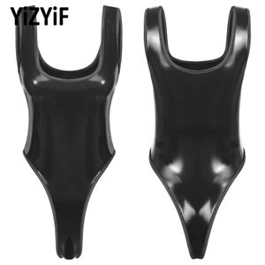 Calças femininas sexy bodysuit uma peça de natação banho molhado olhar couro patente bodysuits sem costas alta corte crotchless catsuit macacão