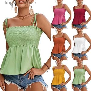 Tanques femininos Camis Spaghetti Straps Tube Tops 2 Camadas Ruffle Tanks Coletes Cor Sólida Doce Caimisole Camisas Abertas Costas Bodycon Top Vestindo L231220