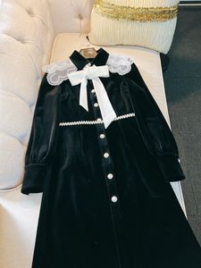 2024 Spring Black Contrast Color Ribbon Tie Bow Velour Dress Long Sleeve Lapel Neck Panelled Single-Breasted Dresses J3D188315
