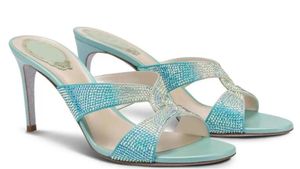 2024 Popular Women Dress Shoes Sandals mule gradient blue crystal slides Wedding Crystal Buckle Point Toe Pumps High Heels Tide Bridesmaids Ladies