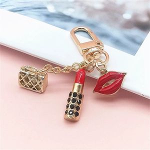Bag Parts Accessories Lipstick Lips Keychain with Black Rhinestones Key Ring Delicate Metal Pendant Charms for Women Girl Car 231219