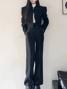 Women Fashion Elegant Casual Business Black Trousers Suit Vintage Crop Blazer Jackets and Pants Two Pieces Set Female Pantsuits 231220