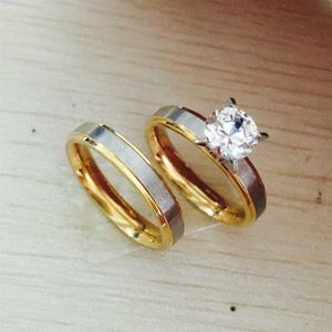 4mm titanium Steel CZ diamond Korean Couple Rings Set for Men Women Engagement Lovers his and hers promise 2 tone gold silver318G