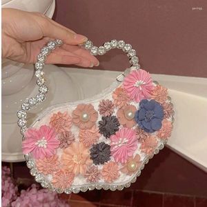 Flor de luxo saco bolsa strass embreagem bolsa meia lua pérolas para mulheres diamante festa casamento senhoras