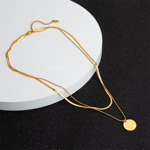 Simple 18k Gold Plated Double-Layer Snake Bone Chain Round Lettering Necklace For Women Pendant Necklaces