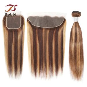 1PC Straight Highlight Human Hair Weave Bundles Brown Blonde Mix Color Lace Closure Frontal Transparent Free Part Bobbi 231220