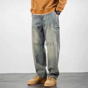 Männer Jeans Amerikanische Casual Denim Hosen Einfarbig Retro Breites Bein Gerade Mittlere Taille Taschen Bot Lose Fit Jeans Männer kleidung L231220