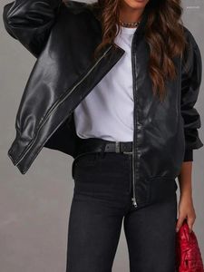 Jaquetas femininas Mulheres Faux Leather Crop Jacket Manga Longa Zip Up Motocicleta Y2K Moto Bomber com Bolsos