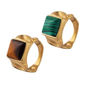 Senhoras anel requintado e criativo pedra natural olho de tigre anel de pedra anel de aço inoxidável banhado com ouro 18k moda jóias presente