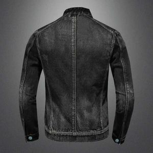 Jaquetas masculinas de alta qualidade jaquetas jeans preto gola motocicleta outerwear algodão vintage bombardeiro jaqueta mens moto biker denim casaco l231026