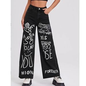 Jeans 2022 Summer Loose Cotton Jeans For Women Hip Hop Letters Graffiti Wide Leg Jeans Y2K Pants High Maisted Streetwear Casual Ladies