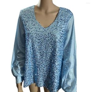 Camicette da donna Camicetta a maniche lunghe con scollo a V e paillettes in poliestere da donna per pullover traspirante di media lunghezza con dettagli patchwork