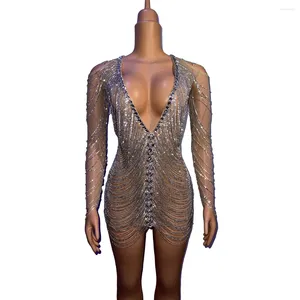 Scen Wear Sparkly Perspective Rhinestone Chains Tassel Party Mini Dress Latin Pole Dance Performance Stripper Outfit Women Club