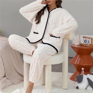 Women's Sleepwear Women'S Thickened Warm Pajamas Set Winter Plush Long Sleeve Pants 2 Pieces Velvet Loungewear Suit Thermal Home Clothes 231219