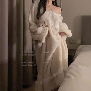 Women's Sleepwear Lace Sleepwear Women Pajamas Set Winter Piiama Pants Warm 2 Pieces Fluffy Night Wears Pyjamas Square Collar Home Wear 231219