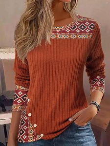 Women's Blouses Aztec Geometric Button Ribbed Long Sleeve Casual Loose For Women Fashion 2023 Autumn Vintage Shirts Youth Female Tops