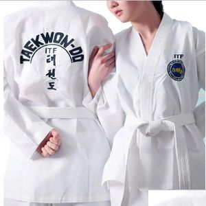 Dövüş Sanatları Mesleği ITF Uygulama Beyaz Üniforma Taekwondo Öğrenci Doboks Suit Kimono Uzun Kollu Fitness GI Damla Teslimat Sporları Açıkça Dhalb