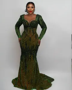 2024 Aso Ebi Green Mermaid Prom Dress Beaded Illusion Evening Formal Party Second Reception Birthday Engagement Gowns Dresses Robe De Soiree ZJ370