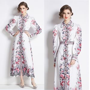 Vintage Floral Puff Sleeve Shirts Dress Woman Designer Lapel Button Front Slim Elegant Fit Vacation Boho Maxi Dresses Robe 2024 Spring Fall Runway Party Ballgown