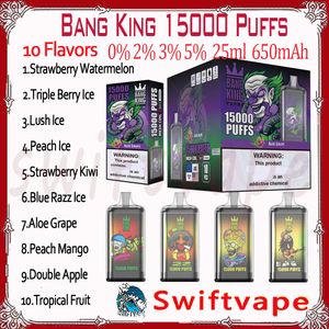 100% оригинал Bang King 15000 Puff Одноразовая электронная сигарета 10 вкусов 25 мл Pod Аккумуляторная батарея 650 мАч 15 тыс. Затяжек 0% 2% 3% 5% RBG Light Vape Pen Kit Быстрая доставка