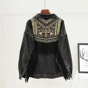 Męska kamizelki dżinsowa kurtka Koreańska kwiat haftowa zamsz zamszowy Fringe Loose Chaquetas Mujer Płaszcz Zwiedź z długi rękaw Kobiety Veste Femme 231219