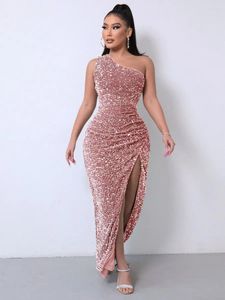 Casual klänningar sexiga kvinnor bodycon afton klänning rosa svart en axel hög slits paljett glittrande lång prom elegant cocktail party robes