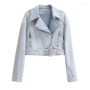 Jaquetas femininas Yenkye inverno mulheres motocicleta estilo recortado denim jaqueta vintage com cinto lapela colar feminino casaco de bicicleta