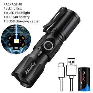 Zoom White Beam Light Long Distance Lighting Mini Flashlight, Type-C Usb Rechargeable Portable Pocket Torch, For Home Outdoor, With 16340 Battery