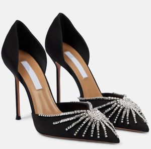 Décolleté da donna sandalo con tacco alto Aquazzur Sunshine décolleté impreziosite da cristalli décolleté da 105 mm in pelle scamosciata nera con punta a punta slip on scarpe super-aaa