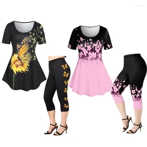 Kvinnors tvådelade byxor Rosegal Plus Size 3D Tryckt outfit Female ColorBlock Suit Floral Graphic Tee och Capri Leggings är för stor