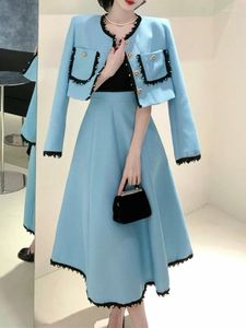 Work Dresses French Lady Skirt Suit Elegant Fashion Office OL Tweed Long Sleeve Short Coat High Waist Big Swing Midi Skirts 2-piece Set