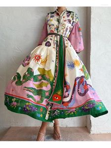 Casual klänningar för höstlyktan ärm färg tryckt leace-up damer vestidos mode strandfest bohemisk mantel klänning