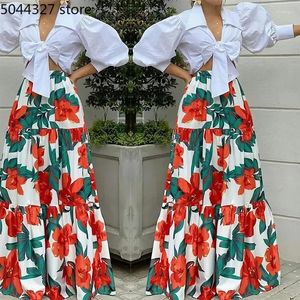 Etniska kläder 2024 Afrikanska kläder för kvinnor 2-stycken Spring Fashion Long Sleeve V-Neck Print Toppkjolar Matchande uppsättningar Dashiki