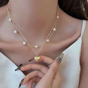 Internet Celebrity Light Pearl Necklace, Female Niche, High-end Temperament, Love Pendant, Collarbone Chain, Double-layer Stacked