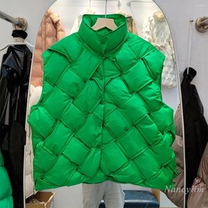 Women's Vests 2023 Winter Runway White Duck Down Vest For Women Stand Collar Short Oblique Woven Handmade WaistCoat Green Blue Black