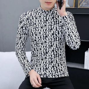 Men's T-skjortor Fashion Stand Collar Casual Printed Letter T-shirt kläder 2023 Autumn Winter Loose Korean Tops All-Match Tee Shirt