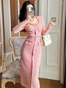 Casual Dresses Women's Exquisite Elegant Style Pink Dress Woman Lace Gold Silk Hook Flower Hollow Single Breasted Chain Robe Party Vestidos