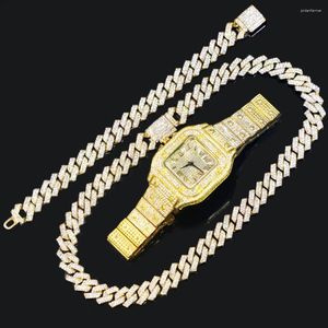 Chains 3Pcs Necklace Watch Bracelet Iced Out Cuban Chain Link For Men Women Shine Luxury Hip Hop Miami Men's Set Jewelry