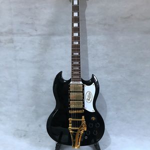 SG electric guitar, rosewood fingerboard, gold hardware, jazz vibrato system, black, 3 pickups, solid mahogany body guitar Free Shipping