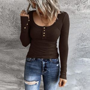 Women's T Shirts Women Long Sleeve Henley Button Down Slim Fit Tops Scoop Neck Ribbed Knit Tight Crop Causal T-Shirt Top