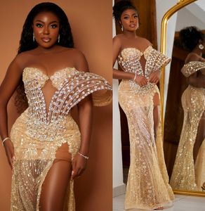 2024 ASO EBI sjöjungfru Gold Prom Dress Pärled Crystals Sequined Lace Evening Party Party Second Reception Birthday Engagement Gowns Dresses Robe de Soiree ZJ359