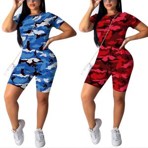 Zweiteilige Damen-Hosen, lässiges 2-teiliges Camouflage-Outfit, kurzärmlig bedruckte T-Shirts, figurbetonte Shorts-Sets, Trainingsshorts, 2-teiliges Set 231219