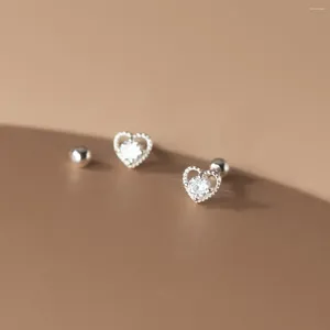 Stud Earrings 925 Sterling Silver CZ Zircon Heart Screw Thread Bead For Women Girl Classic Fine Minimalist Jewelry